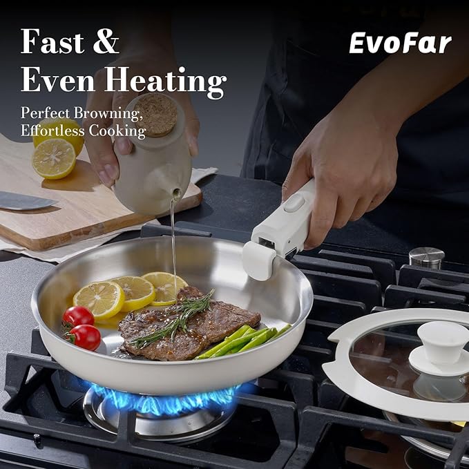 14 pcs Stainless Steel Cookware Set, Detachable Pots and Pans Set with Removable Handle, Non Toxic Space Saving RV Camping Cookware Set, Induction Cookware, Dishwasher & Oven Safe