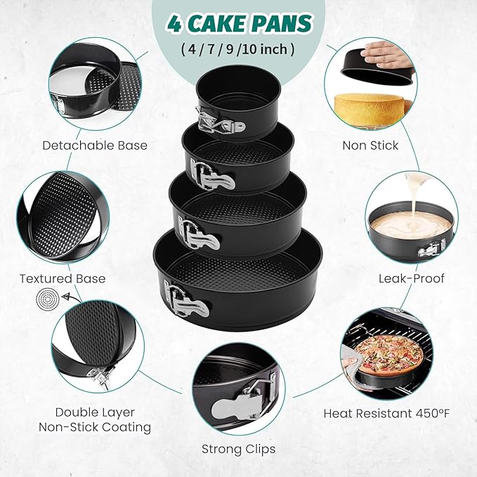 Cake Pan Set for Baking, Non-Stick Springform Pans Set of 4 (4, 7, 9 10 inch), Round Cake Pans,Cheesecake Pan, Leak-Proof Cake Pans with Removable Bottom-Black