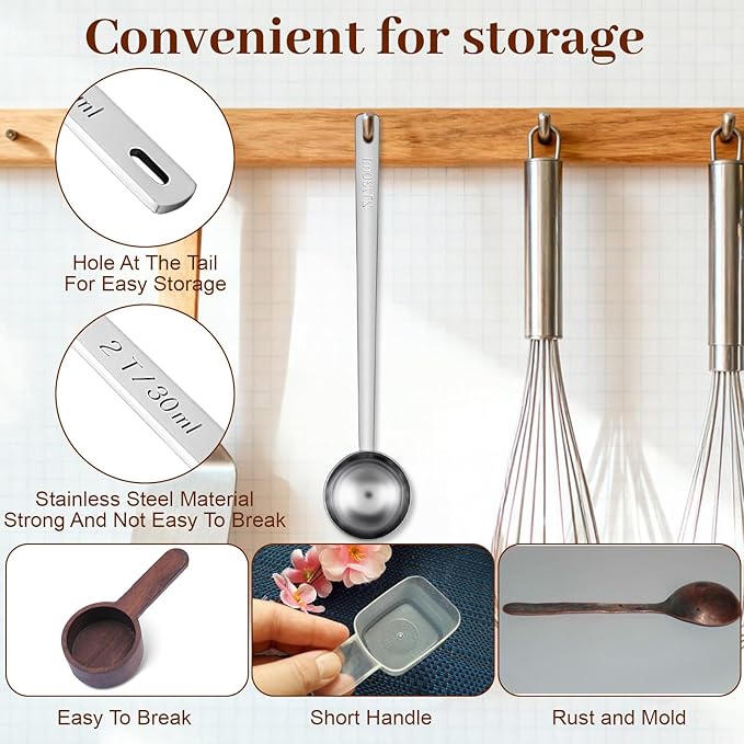 18/8 Stainless Steel Coffee Scoo, Food Grade Metal Measuring Spoon 8.6 In Long Handle 2 Tbsp/ 30ml Metal Scooper Tablespoon for Beans Ground Sugar Powders Protein Powders Sugar
