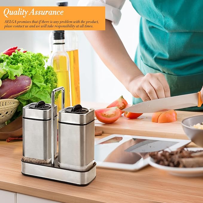 Salt and Pepper Shakers Set with Holder-Stainless Steel Salt Shaker with Adjustable Pour Holes-Set of 2 by Aelga