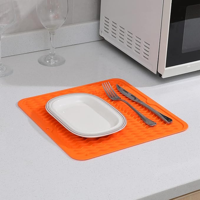 Silicone Dish Drying Mat for Multiple Usage,Easy clean,Eco-friendly,Heat-resistant Silicone Mat for Kitchen Counter or Sink,Refrigerator or Drawer liner Orange M 12 inches x 12 inches
