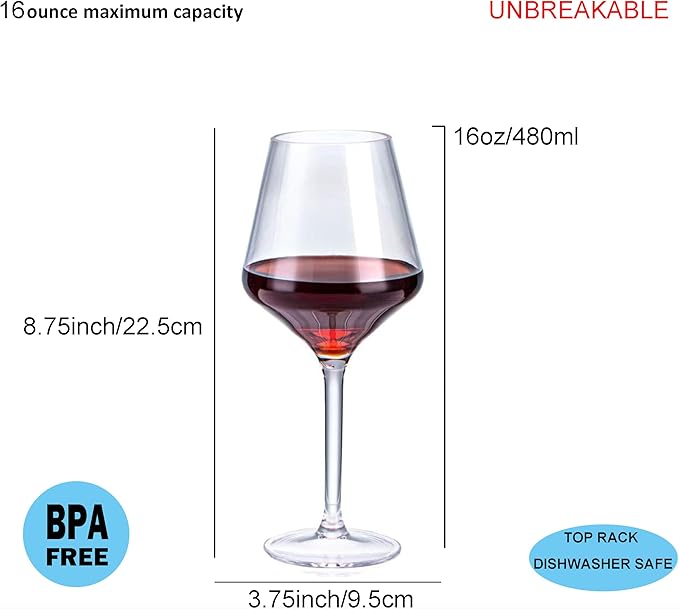 16-ounce Plastic Stem Wine Glasses, All Purpose Arcylic Glasses, set of 6 Clear Reusable Shatter-resistant Dishwasher Safe