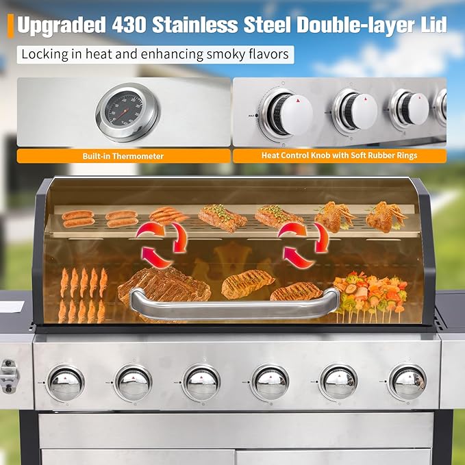 CIG GARDEN 6 Burner Propane Gas Grill With Side Burner,3 in 1 Gas BBQ Grill,73000 BTU Outdoor Barbecue Propane Griddle Grill combo for Camping, Patio, Backyard