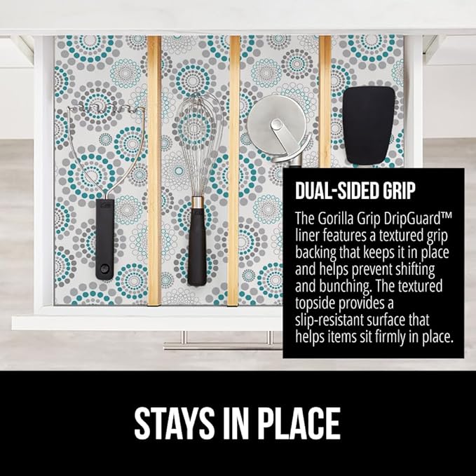 GORILLA GRIP DripGuard Drawer and Shelf Liner for Cabinet, Slip Resistant Non Adhesive Protection for Kitchen, BPA Free Smooth Surface Plastic Liners for Cabinets, Drawers, 17.5x240 Inch, Turquoise