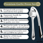 Premium Garlic Press Set - Easy to Squeeze Ergonomic Handle Garlic Crusher - Rust Proof & Dishwasher Safe Garlic Mincer Tool, Garlic Press Stainless Steel, Garlic Peeler & Brush (Chrome Silver)