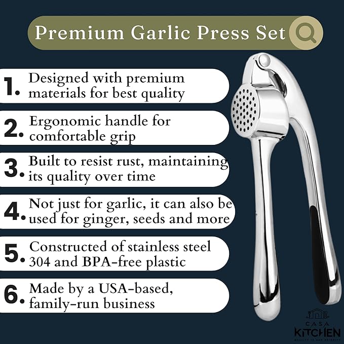 Premium Garlic Press Set - Easy to Squeeze Ergonomic Handle Garlic Crusher - Rust Proof & Dishwasher Safe Garlic Mincer Tool, Garlic Press Stainless Steel, Garlic Peeler & Brush (Chrome Silver)
