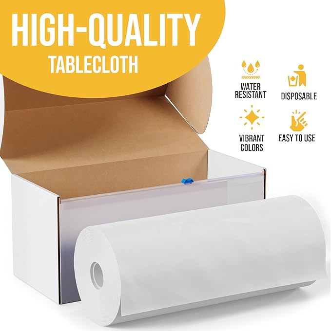 Exquisite Party Solids 54 Inch X 300 Feet White Plastic Table Cover Roll in A Cut - to - Size Box with Convenient Slide Cutter. Cuts Up to 36 Rectangle 8 Feet Plastic Disposable Tablecloths