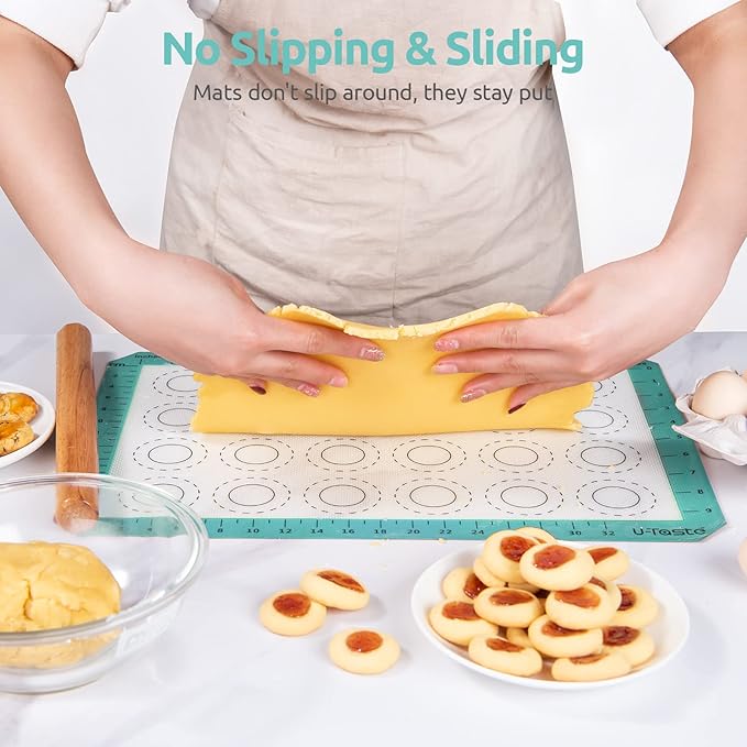 446ºF Heat Resistant Macaron Mat: U-Taste 14.17x9.44in Non Stick Silicone Baking Mat, Reusable Cookies Pastry Sheet Liner with Edge Enhancement & Circle Measurement for Cake Pan (Aqua Sky)