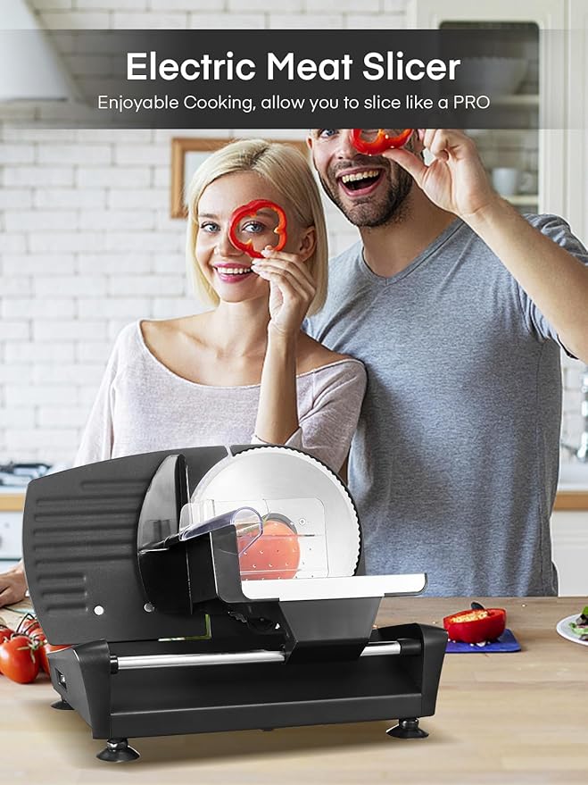 FOHERE Electric Meat Slicer 200W Deli Slicer for Home with Removable Two 7.5” Blades, 0-15mm Precision Thickness Adjustment Knob Cut Deli Food, Meat Ham Bread Fruit, Include Food Carriage, Black