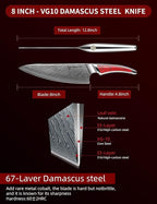 8 inch Chef Knife, Japanese VG-10 Damascus Steel Kitchen Knife, Ultra Sharp Cooking Knife with Full-tang Handle in Red Resin, LA-S9 Series