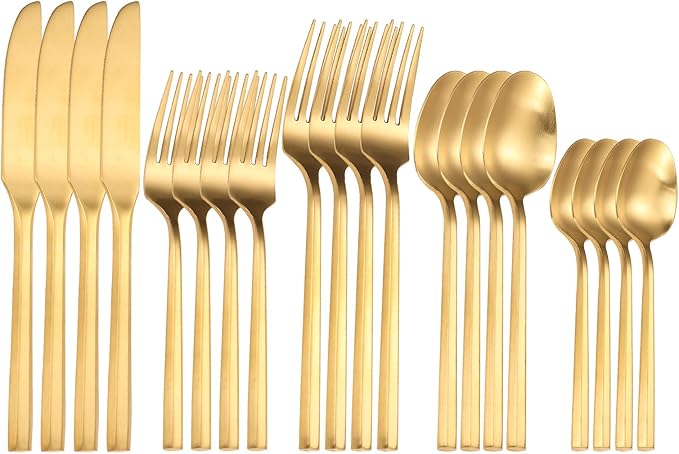 Matte Silverware Set Gold Flatware Set with Hexagon Handle 20 Pieces 18/0 Stainless Steel Cutlery Set Wedding Housewarming Gift Service for 4 (Matt gold)