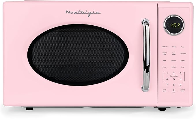 Nostalgia Retro 1000W Microwave Oven 1.1 Cu Ft Capacity – Child Safety Lock, 8 Auto-Cook Settings – Countertop Kitchen Appliance – Pink