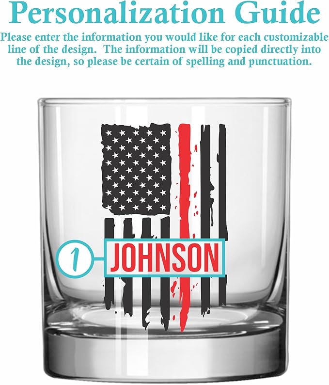Blue Ridge Mountain Gifts - Thin Red Line Whiskey Glass - Personalized Firefighter Glass, Fireman Flag & Appreciation, Back the Red, Fire Academy Gift, Personalized Father's Day Gift First Responders