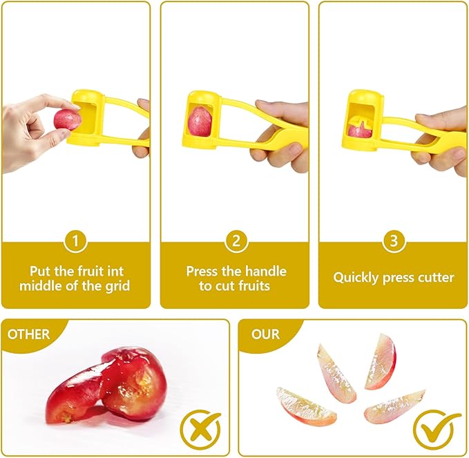 Grape Cutter,Stainless Steel Blades Quarter Grape Slicer with 4 Pieces Vegetable Fruit Salad,Slicer Kitchen Tomato Cherry Strawberry Cutter- Yellow