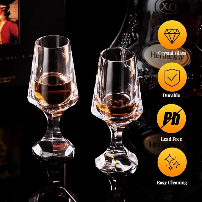 KAMMAK Crystal Snifter Glasses Set of 2 - Premium Handmade Stemmed Whiskey Glass for Brandy-2.37 Oz, Cognac & Bourbon, Elegant Etched Detailing, Luxury Barware for Tasting & Gifting