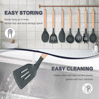 P&P CHEF Silicone Cooking Utensils Set, 8-Piece Kitchen Cooking Utensil with Wooden Handle, Silicone Spatula for Nonstick Cookware, Heat-proof & Easy Clean, Gray