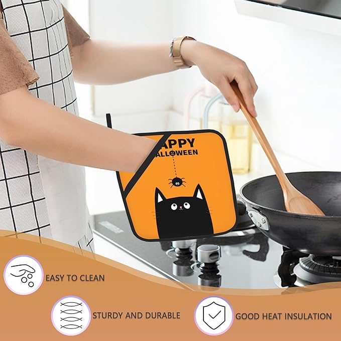 Happy Halloween Pot Holders Set of 2 Heat Resistant Potholders,Black Cat Fire Oven Hot Pads for Kitchen Cooking Baking Barbecue