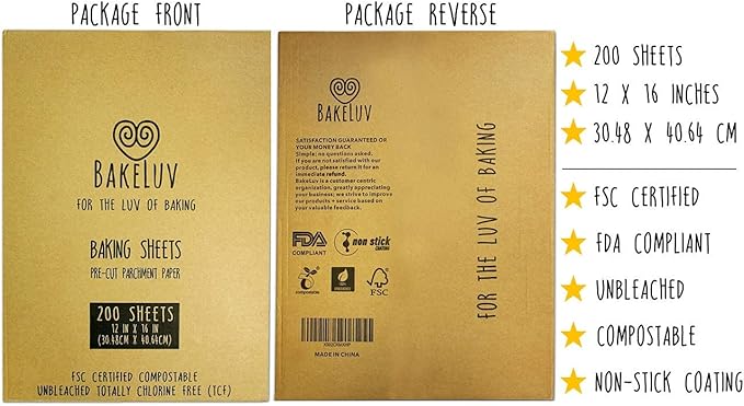 BAKELUV Kraft Brown Parchment Paper Sheets 12x16” | 200 Pcs | Non-Stick Precut Parchment Paper for Baking Sheets, Baking Paper, Unbleached Cookie Sheets, Wax Paper | Oven, Air Fryer, Grilling, Freezer
