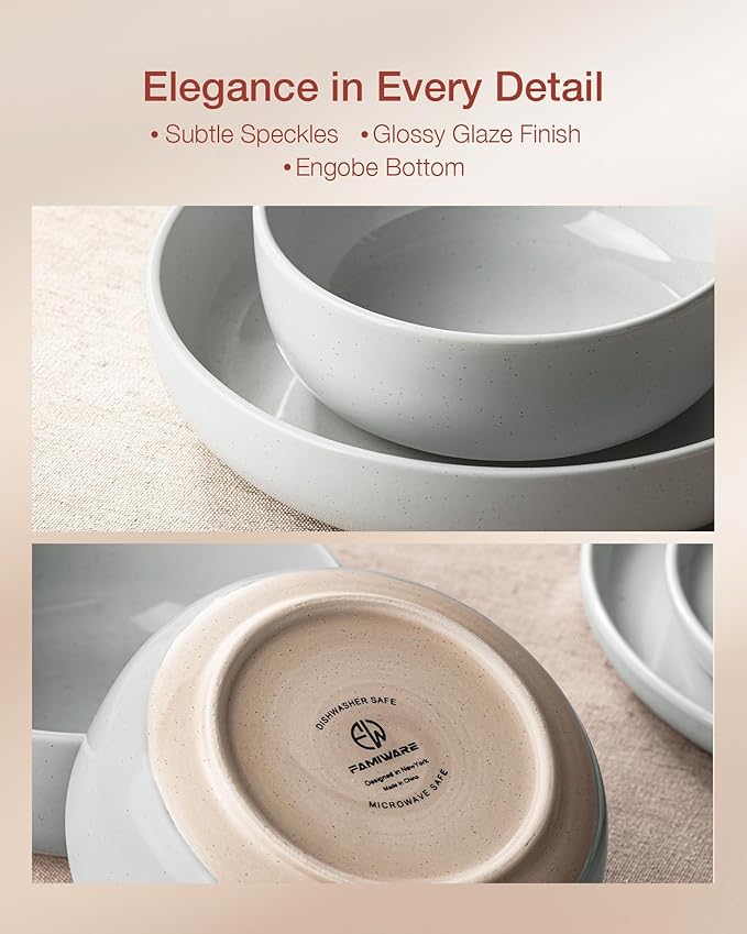 Famiware Milkyway Stoneware Dinnerware Sets with Mugs, Service for 6 (24 Pieces), Plates and Bowls Sets -Scratch Resistant, Microwave and Dishwasher Safe Dishes Set, Light Gray
