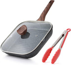 Nonstick Grilling Pan with Lid for Stove Tops, 9.5 Inch Square Grill Pan for Indoor Cooking, Granite Coating Grill Skillet with Pour Spouts, Versatile Griddle, Induction Steak Pan, PFOA Free