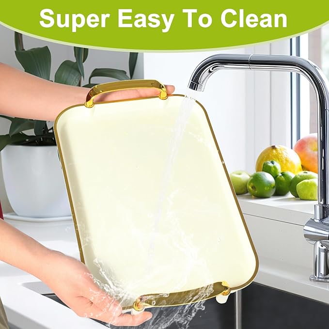 3 Pack Serving Tray with Handles, Stackable Reusable Trays for Serving Food, Plastic Serving Platters for Party, Charcuterie, Fruit, Appetizer, Cream Gold