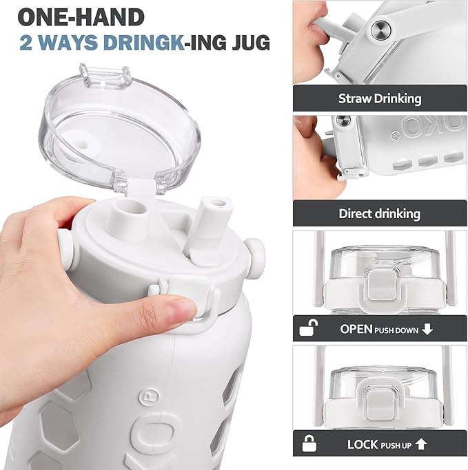 MUKOKO Half Gallon/64 oz Glass Water Bottles with Straw and Lid,Motivational Water Jug with Time Marker Reminder and Silicone Sleeve,100% Leakproof BPA Free Fitness Sports Large Bottle-White