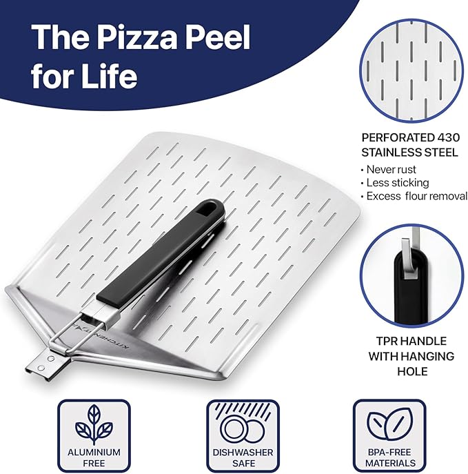 KitchenStar Perforated Pizza Peel 14 inch with 10 inch Folding Handle, Large - Stainless Steel Spatula Paddle for Effortless Pizza Transfer & Easy Storrage - Outdoor Pizza Oven Accessories