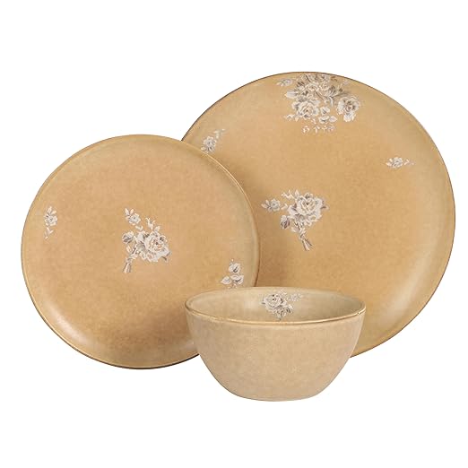 Gibson Elite Valencia Bloom 12 Piece Plates and Bowls Dinnerware Set - Taupe with Floral Decal Dishes - Microwave and Dishwasher Safe
