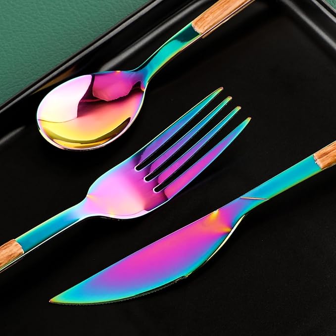 Stainless Steel Flatware Set for 4, Cutlery Utensils Set Include Knives/Forks/Spoons Service for 4, Mirror Polished and Dishwasher Safe (Rainbow)