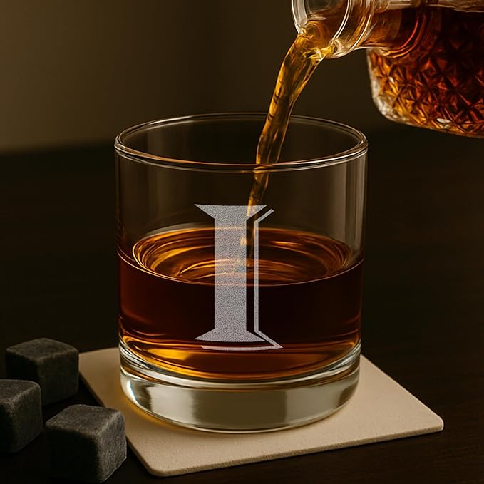 Monogrammed Gifts for Men - 4PC 11 Oz Custom Whiskey Glasses (I-Monogram) - Engraved Whiskey Glasses - Personalized Whiskey Glasses - Unique Bourbon Glasses - Personalized Glass Gifts for Dad