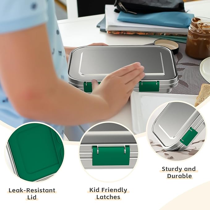Stainless Steel Kids Leak-Resistant Bento Lunch Box, 3-Compartments with Silicone Container, Dishwasher-Safe, Child-Friendly Design for School, Picnics & Travel,BPA-Free (Green)