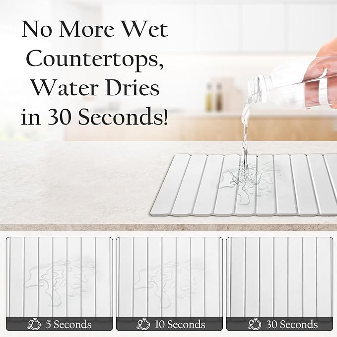 Large Stone Drying Mat for Kitchen Counter | Premium Diatomaceous Earth Coaster Set for Dishes | Non-Slip Kitchen Sink Mat | Fast-Absorbing, Eco-Friendly | 23" x 15.5" (Modern White)
