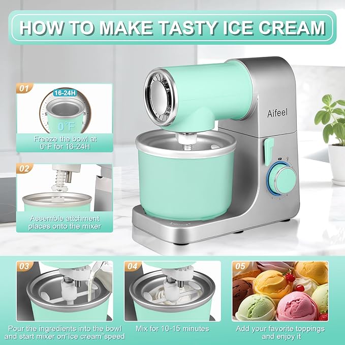 Aifeel Stand Mixer, 6.5QT Mixer with 2QT Ice Cream Maker Bowl, Kitchen Electric Mixer Multifunctional Bread Dough Mixer with Dough Hook,Whisk & Beater, Food Mixer for Baking (Green-Silver)