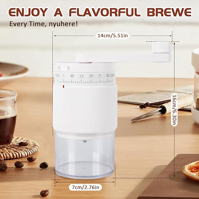 Manual Coffee Grinder - 95 Ceramic Burr, Adjustable Coarse to Fine, 30g Beans & 80ml Powder, Detachable Handle for Espresso, French Press, Camping (white)