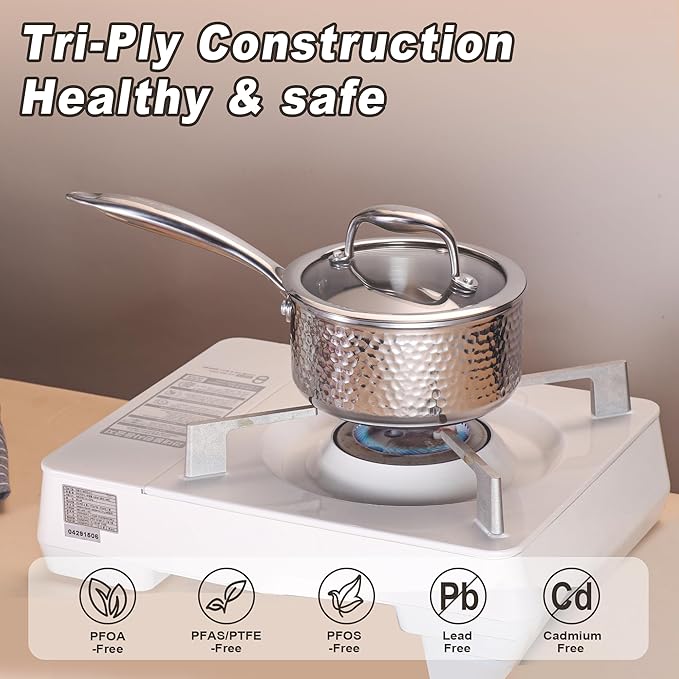 1-Quart Saucepan with Lid, Tri-Ply Stainless Steel Pot with Stay-Cool Handle & All Cooktop Compatibility (Gas, Ceramic, Electric) - Silver Hammered