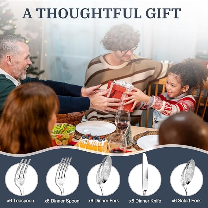30-Piece Stainless Steel Silverware Set, Elegant Floral Engraved Cutlery Flatware Set for 6, Durable Tableware Utensil Sets Silver Include Fork Spoon Knife with Mirror Polish
