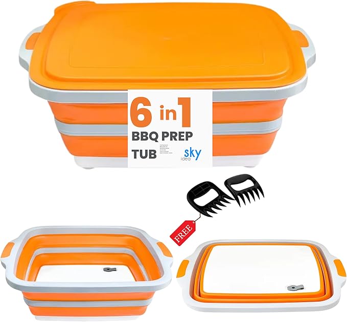 Collapsible BBQ Prep Tub(4.22 Gal/16L), Large BBQ Prep Tub with Lid & 2 Pcs Meat Shredder Claws, Foldable Marinating Food Storage, Multifunction Cutting Board, Barbeque Marinate Storage, Resting Meat