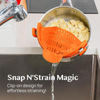 Kitchen Gizmo Snap N Strain Clip On Strainer for Pots and Pans - Adjustable Silicone Colander for Kitchen - Compact Clip-On Food Strainer for Draining Pasta and Vegetables - Orange