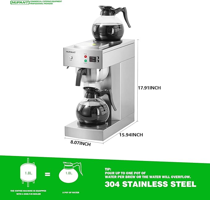 12-Cup Commercial Coffee Maker with Water Line 1.8L Auto-Filling Drip Coffee Maker Machine with 2 Glass Carafes and 2 Warmers Stainless Steel Pour over Coffee Brewer for Restaurant Office cafe