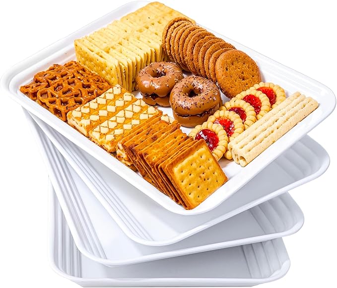 SUT 4-Pack Plastic Large White Serving Trays Set - 16" x 11" Reusable Serving Platters for Cookie, Appetizer, Charcuterie, Snack, Dessert, Party Food Display - Stackable Serving Trays for Party