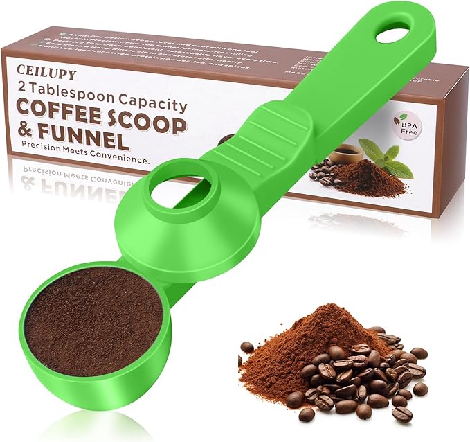 2-in-1 Coffee Scoop with Funnel, 2 Teaspoon Measuring Spoon for Reusable K Cups, Ground Coffee, Protein Powder & Tea, Mess-Free Plastic Design (Green)