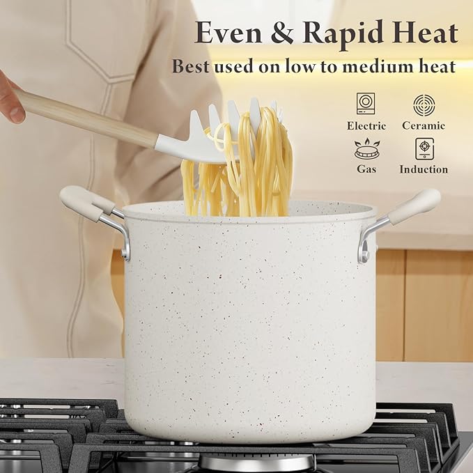 24 Pcs Pots and Pans Set Non Stick, Ceramic Cookware Set with 8QT Stock Pot, Healthy Non Toxic Kitchen Cookware, Large Capacity, Induction Compatible, PFAS/PTFE/PFOA/PFOS Free, Cream White