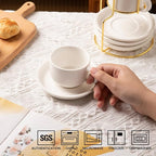 Sweejar Porcelain Espresso Cups with Saucers, 4 Ounce Stackable Cappuccino Cups with Metal Stand for Coffee Drinks, Latte, Tea - Set of 4 (White Gold Stand)