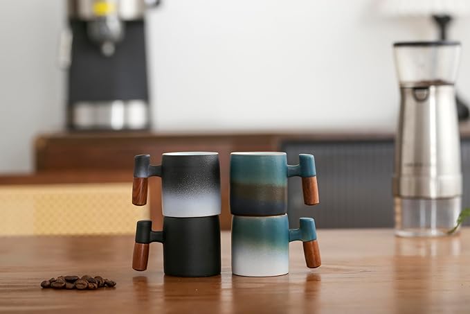 2-Oz Ceramic Espresso Cups with Wood Handle, 2/4-Piece Set for Coffee, Tea, Latte - Dishwasher Safe, Multi-Color & Wood Styles, Gift & Café Use (black white2&blue black2, Wooden Handle4)