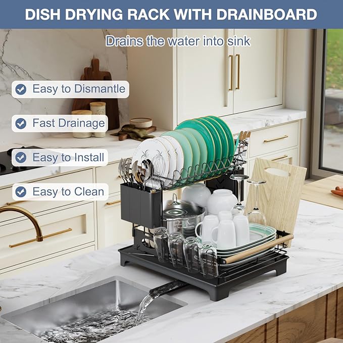 2 Tier Dish Drying Rack, Large-Capacity Dish Rack for Kitchen Counter, Anti-Rust Dish Strainer Rack with Drainboard Set, Kitchen Organizer with Cup Holder, Utensil Holder, Cutting-Board Holder