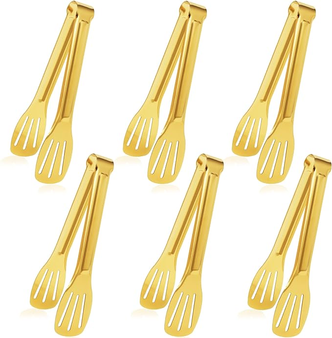 JCREN Serving Tongs - 6 Pack Stainless Steel Buffet Tongs, Gold, 7 Inch