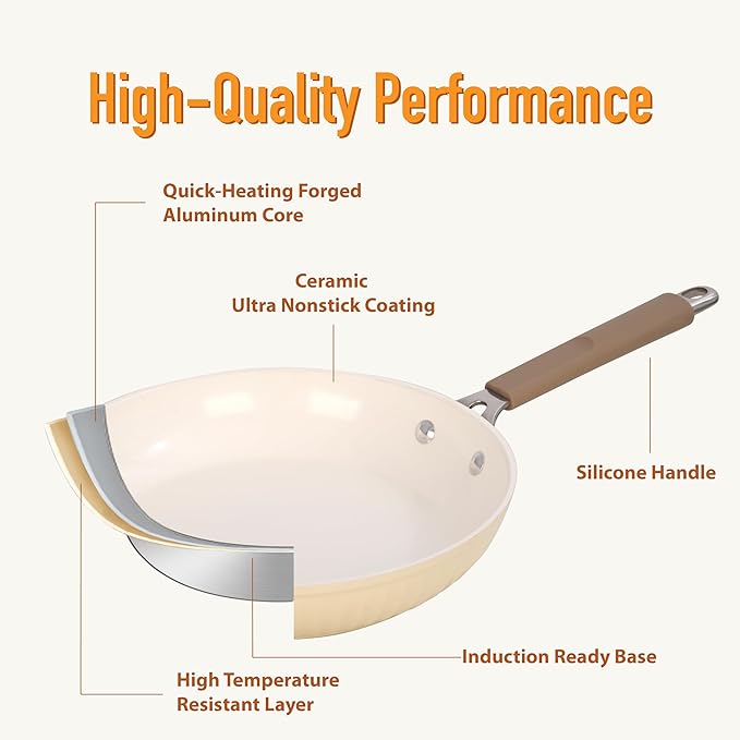 22Pcs Pots and Pans Set Non Stick, Ceramic Nonstick Cookware Set, Kitchen Induction Pots and Pans Cooking Set with Stay Cool Handles, without PFOA, PTFE or PFAS, Cream Yellow