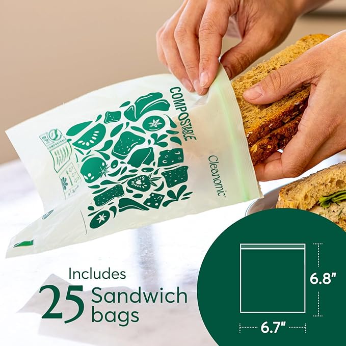 CLEANOMIC Compostable* Food Storage Bag Bundle - Gallon, Quart, Sandwich and Snack Sizes