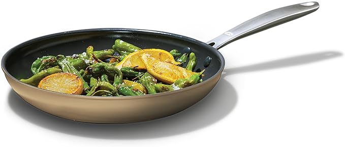 OXO Enhanced 10” Nonstick Frying Pan Skillet, Ceramic PFAS-Free Cookware, Stainless Steel Handle, Eggs & Omelets, Dishwasher & Oven Safe, Biscuit Brown