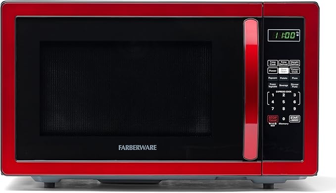 Farberware Countertop Microwave 1000 Watts, 1.1 cu ft - Microwave Oven With LED Lighting and Child Lock - Perfect for Apartments and Dorms - Easy Clean Metallic Red